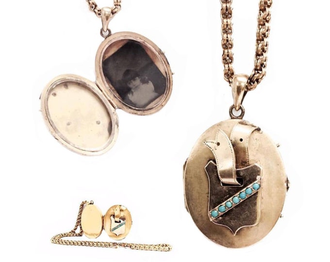 A Custom Antique Georgian 18k Gold & Turqouise Embossed Locket on a 17" GF Byzantine Chain Necklace, 2x1.25x.5", Locket: 15.55 Grams #3146