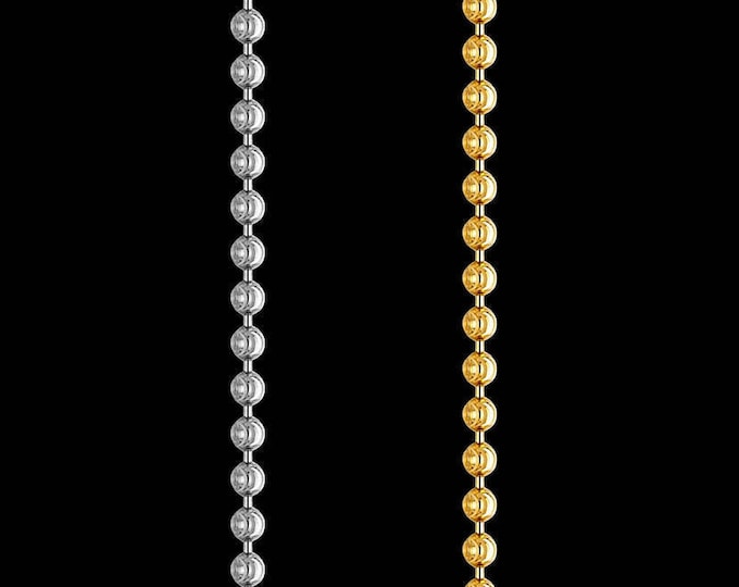 Bead link chain necklace in 14k yellow or white gold, 1.50mm, lobster claw clasp; 16, 18, 20, or 22 inches.