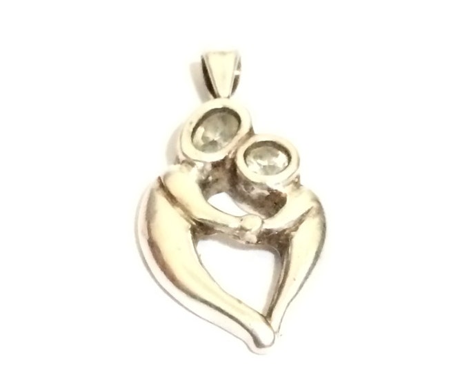 Adorable Mid-Century Art Nouveau Mother & Child cz Diamond Embossed Heart Charm-Pendant / Sterling Silver, 3x1.5x.5 (CM) , 3.27 Grams #4241