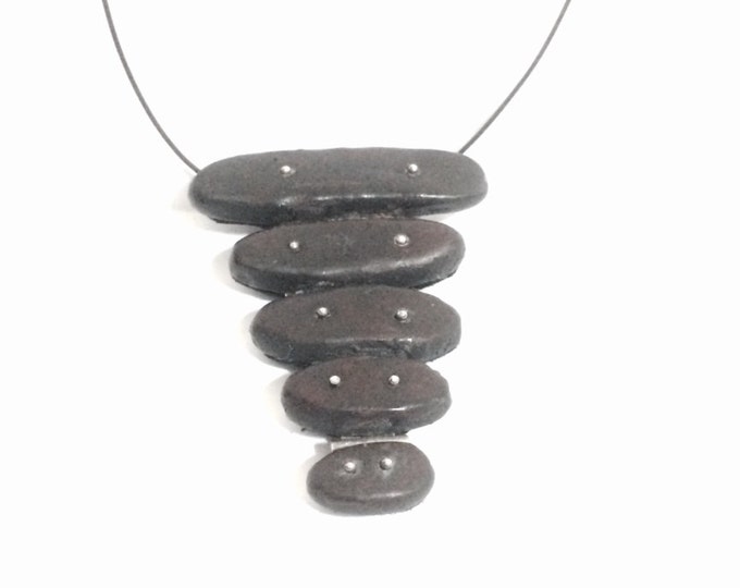 NYC Designer J. Adelson Sculpted Polymer & Sterling Silver Pendant on a 17" Black Steel Screw-Catching Chain Necklace, 25 Grams #4147