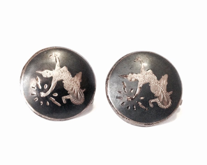 A Pair of Elegant 1930-40's Siam Niello Inlaid Screw Back Earrings / Sterling Silver, .74x.5x.25", 6.57 Grams #3208