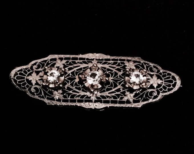 Late 19th Century Art Nouveau 14k White Gold Filigree / White Sapphire Brooch, 2 & 1/8" long x 3/4 ", 6.58 Grams #1419