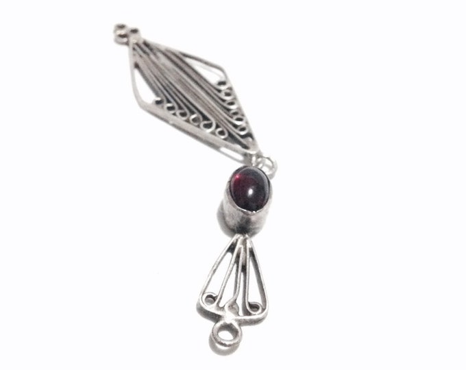 A Unique 1940-50's Solitaire Ruby Filigree Charm - Jeweler's Finding / Sterling Silver,2.25x.75x.15", 2.39 Grams #3741