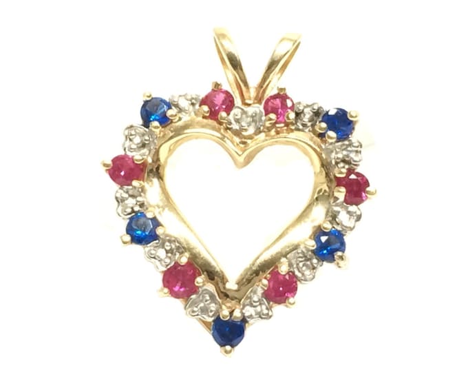 A Mid-Century Pink Ruby, Blue Sapphire & Diamond Heart Pendant / 10K Yellow Gold, 26x22x5mm,  2.85 G. (36pt) Sapphires - (36pt) Rubies #4279