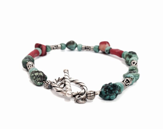 An Early 1910's Native American Silver, Turqouise, Red Coral & Jasper 9" Beaded Bracelet / Sterling Silver, Toggle Clasp, 14.88 Grams #3650