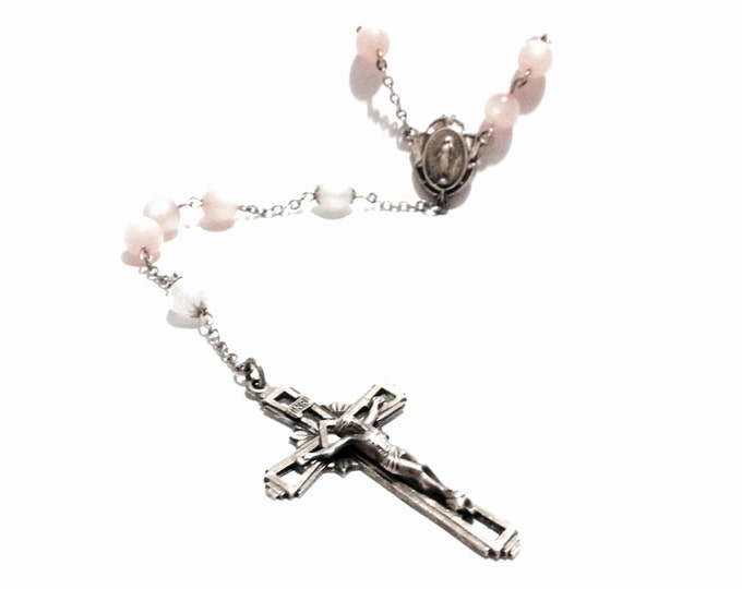 A 28" Early 1920-30's Art Nouveau Pink & White Pearl Rosary Necklace / Sterling Silver, Cross 2x1x.25", 22.89 Grams #3695