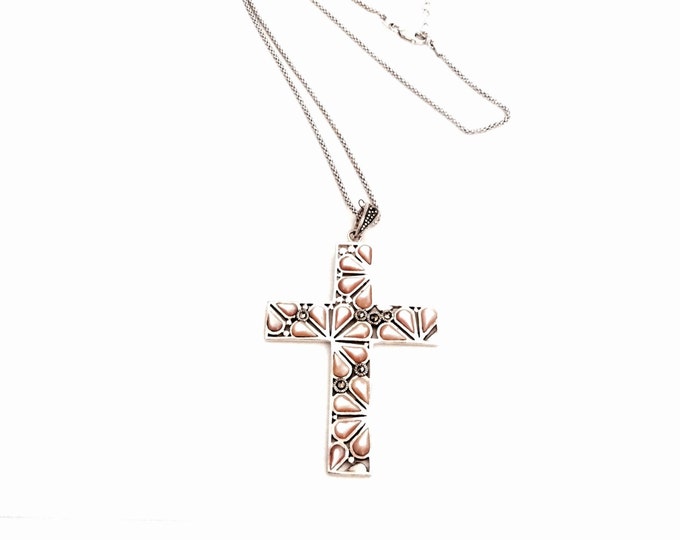 Designer Thai D.P. Sterling Silver, Marcasite & Pink Jasper Embossed Cross/Crucafix On an 18" Silver Box Chain Necklace, 16.64 Grams #2962