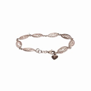 Bracelet en filigrane art nouveau antique 925 fait à la main en argent sterling avec fermeture à ressort et charme de cœur, 8,0 pouces, 5,04 grammes. #2405