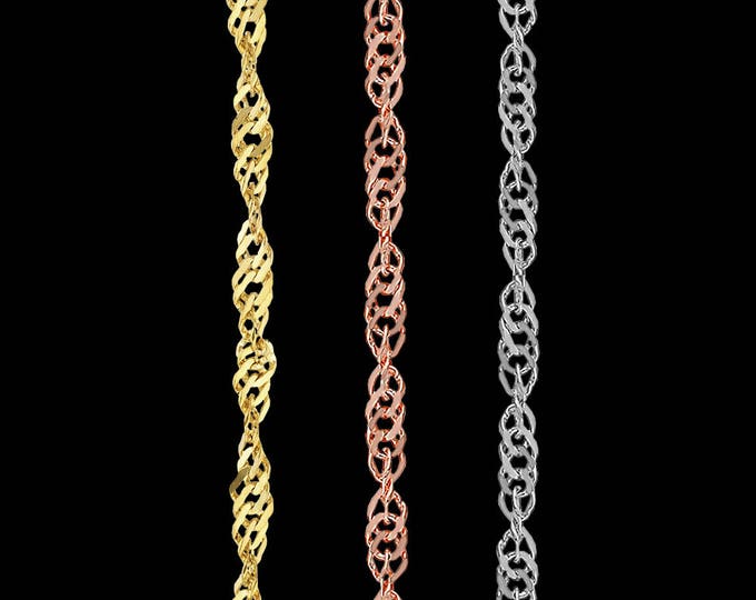 Twisted diamond link chain necklace in 10k yellow, white, or rose gold, 0.85mm, spring ring clasp; 14, 16, 18 or 20 inches.