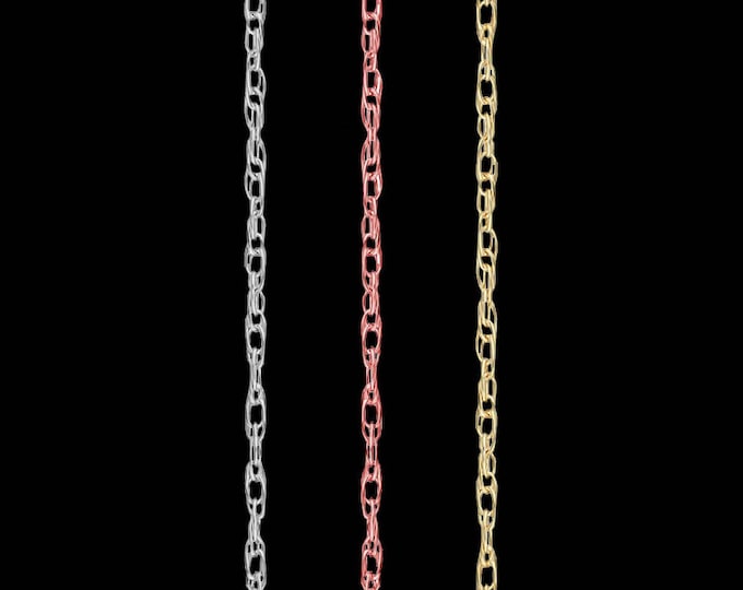 Rope chain link necklace in solid 10k yellow, white, or rose gold, 0.80mm, spring ring clasp; 14, 16, 18, 20 or 24 inches.