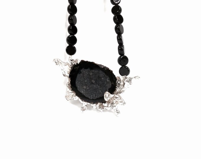 Druzy Stone Set in Onyx Beaded Necklace, Magnetic Clasp, Handcrafted By Jeanette Adelson, Chain 16.5", Pendant 3x1.75x.45", #2328