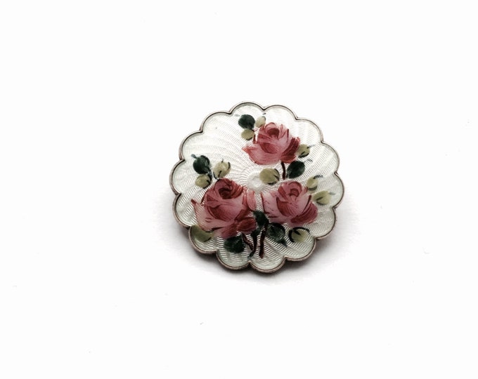 A Mid 19th Century Victorian Hand-painted Enameled Sterling Silver Rose Brooch/Pin, 1.25x1.25x.20", 8.00 Grams #1389