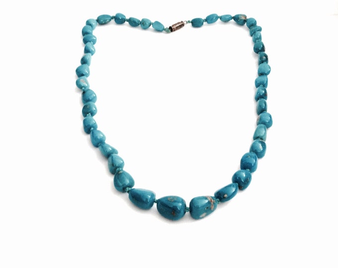 A Southwestern Mid-Century 21" Natural Turqouise Beaded Necklace, Sterling Silver Screw-Clasp, 48.39 Grams #2906