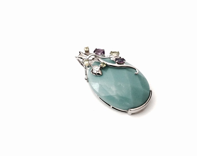 An Intricate Blue Sea-Glass Cut Soap Stone Pendant Embossed With Amethyst & Peridot, 2x1.25x.5", 23.74 Grams, #2885