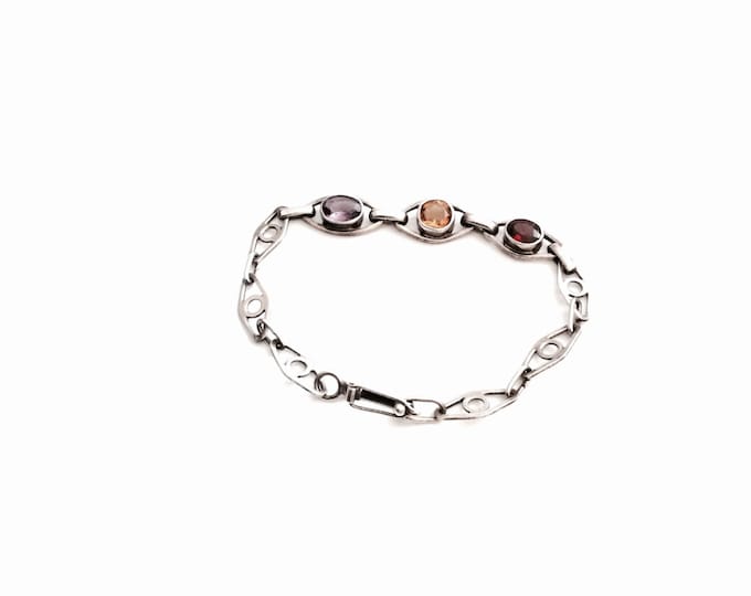 An Early 1900's Art Deco Delicate 6" Sterling Silver, Amethyst, Citrine & Ruby Bracelet, 5.10 Grams #2953