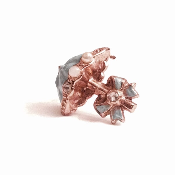 Brass Umbrella- Bow- Diamond Pin - Tiffanny Blue enamel - 2/3 Pearls, Unmarked Art Nouveau Brooch/Pin, 2.37Grams, .75x.5" #2398