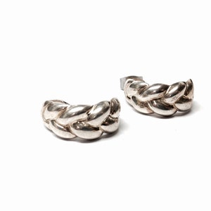 A Pair Of Mid Century Sterling Silver Hallf-Hoop Stud Earrings, Art Nouveau Braided Rope, .75x1x.25”, 5.46  Grams, #3086