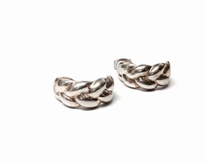 A Pair Of Mid Century Sterling Silver Hallf-Hoop Stud Earrings, Art Nouveau Braided Rope, .75x1x.25”, 5.46  Grams, #3086