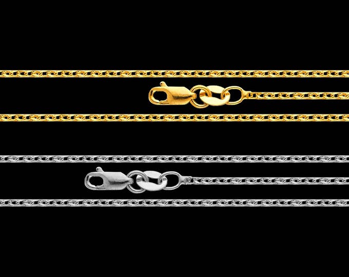 Wheat link chain necklace in 14k yellow or white gold, 1.50mm, lobster claw clasp; 16, 18, 20, 22 or 24 inches.