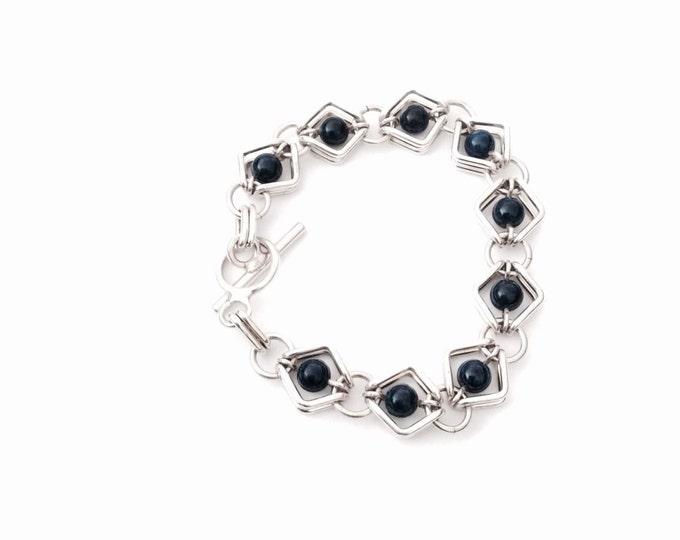 A Unique Modernist 8" Sterling Silver & Beaded Lapiz Lazuli Bracelet, Toggle Clasp, 27.19 Grams, #2884