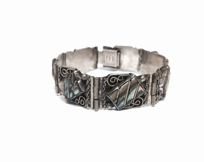 A Mid-Century Mexican Art Nouveau Sterling Silver & Abalone Embossed Panel Bracelet, Box Clasp, 26.56g, 7.50x0.625x.25" #613