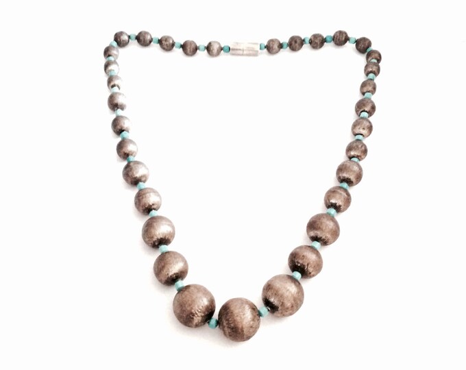 A 19.5" Mid-Century Mexican Turqouise & Hollowed Sterling Silver Beaded Necklace, Screw Clasp, 25.36 Grams #2921