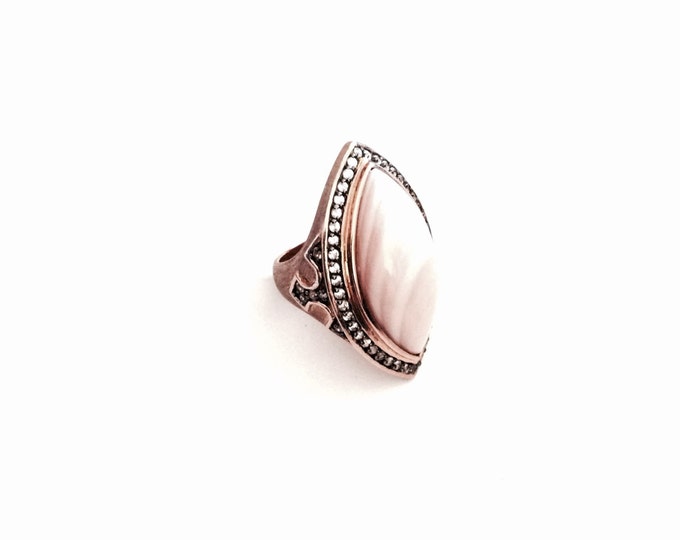 An Ornate Thai Rose Gold/Sterling Silver Pink Jasper & CZ Diamond Paved Ring, USA Ring Size 7, 15.13 Grams #2965