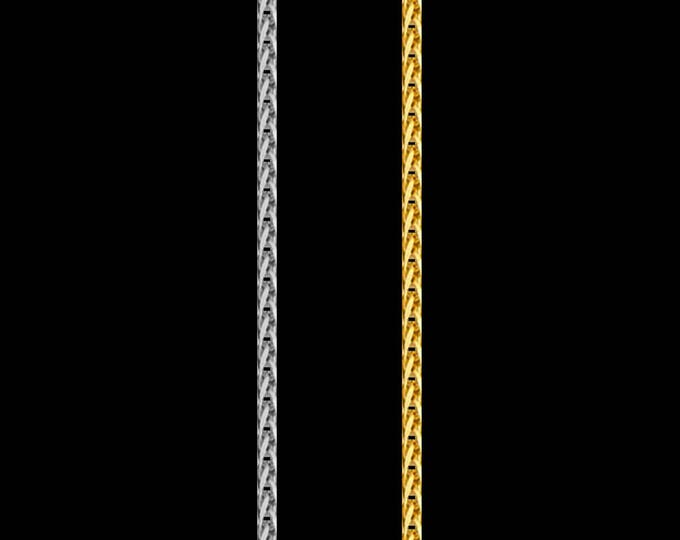 Wheat link chain necklace in 14k yellow or white gold, 0.80mm, lobster clasp; 16, 18, 20, 22 or 24 inches.