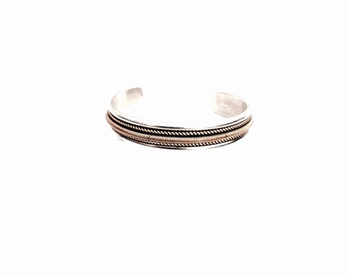 James Toadlena Signed Mid-Century Native American Sterling Silver Cuff Bracelet, 1/20 12K GF Braided, Aprox. 2.5" Diameter, 32.6 Grams #2903