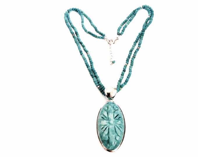 A 1960 - 70's Genuine Carved Turquoise Pendant/Sterling Silver Draped on an 18" Double Beaded Turqouise/Silver Necklace, 33.92 Grams, #2890