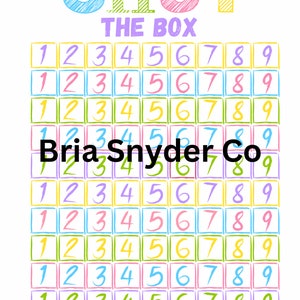 May include: A colorful printable game board with the words "SHUT THE BOX" at the top. The board has nine columns with numbers 1 through 9 in each column. The numbers are written in different colors, including pink, yellow, blue, and green.