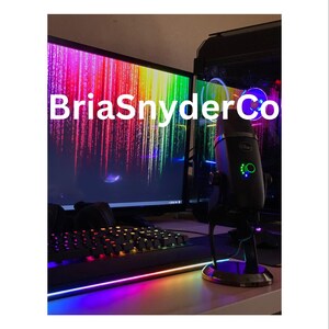 May include: A black microphone with a silver stand and a green light on the side. The microphone is in front of a computer monitor with a rainbow-colored background. The text "BriaSnyderCo" is visible on the monitor.