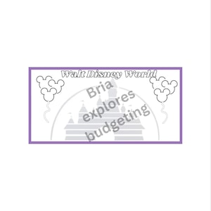 May include: A purple rectangle with the text "Walt Disney World" in black. Inside the rectangle is a gray silhouette of Cinderella's Castle with two Mickey Mouse balloons on either side. The text "Bria explores budgeting" is written in black over the castle.