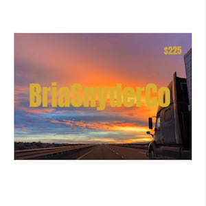 May include: A black semi-truck driving down a highway at sunset. The sky is a vibrant orange and pink. The text "BriaSnyderCo" is superimposed on the image. The text "$225" is in the upper right corner of the image.