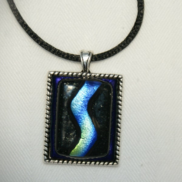 Fused Glass Pendant in a Silver Setting, black & blue dichroic glass