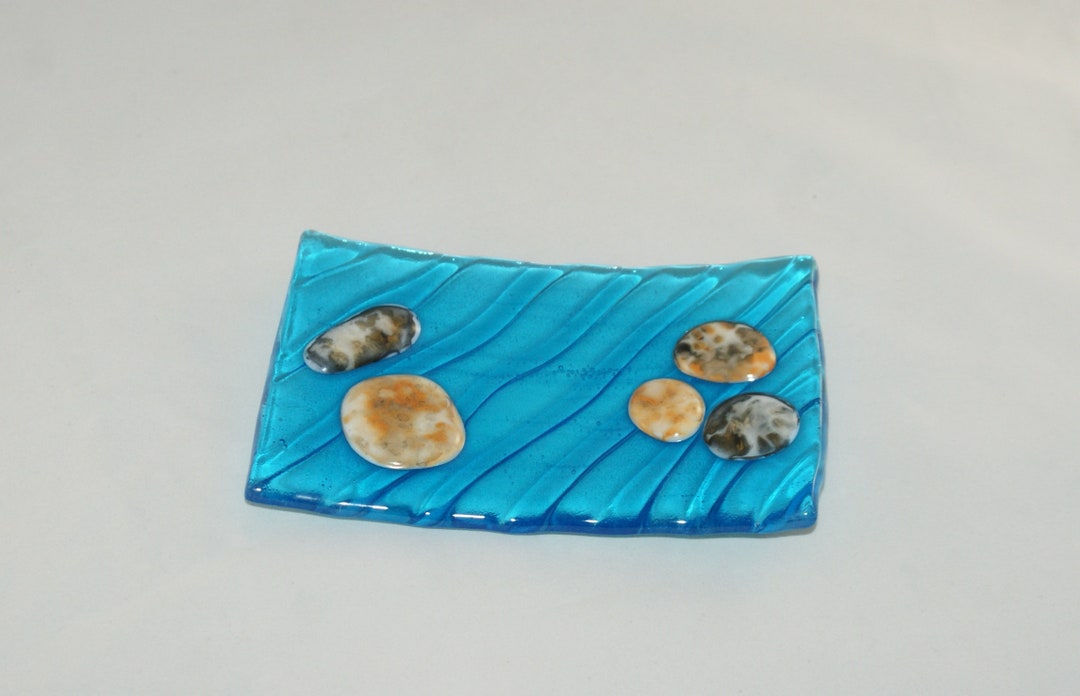 Fused Glass Soap Dish With Rocks/blue Soap Dish/candle Plate Etsy UK