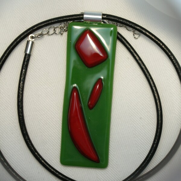 Abstract Fused Glass Necklace, Red & Green Pendant, Reactive Colored Glass with Black Leather Necklace
