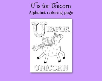 Letter U Alphabet Coloring Page, Unicorn coloring pages, coloring pages for kids, nursery decor, little girl coloring, colouring activity