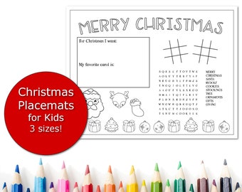 Christmas Placemat for Kids, Printable placemats for children, Placemats for big kids, Coloring page place setting, Kids table,