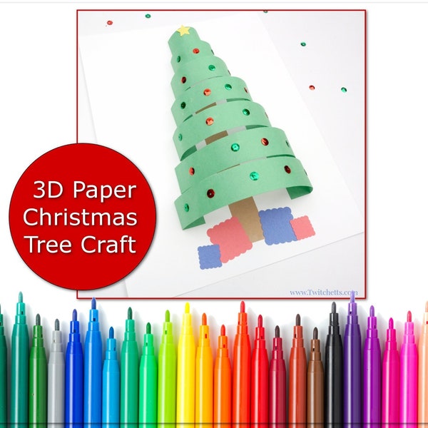 Paper Christmas Tree Craft, 3D papercraft template, Christmas coloring craft, Holiday coloring, Christmas printable, classrooom craft