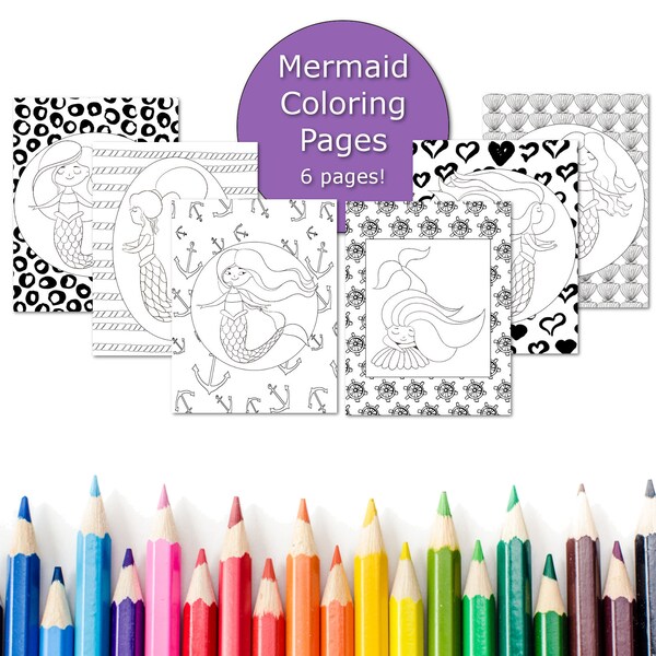 Mermaid coloring pages, coloring pages for kids, party favors, printable coloring book, little girl coloring sheets, colouring activity