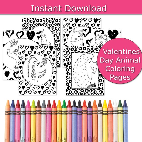 Valentines Day Coloring Book, Heart coloring pages, Animal coloring sheets, Animal Valentines, Kids Coloring pack, Valentines printables