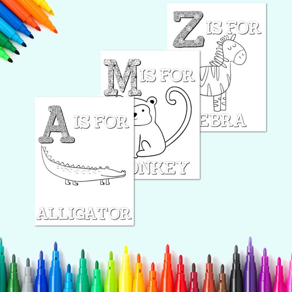 Animal Alphabet Coloring Pages for Kids, ABC Coloring Pages, Preschool Coloring Pages, Coloring Book, ABC Animal coloring book, Letters, ABC