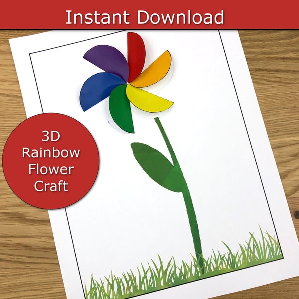 Rainbow Flower Craft Template, printable kids craft, easy flower template, rainbow craft for preschool class, flower papercraft template