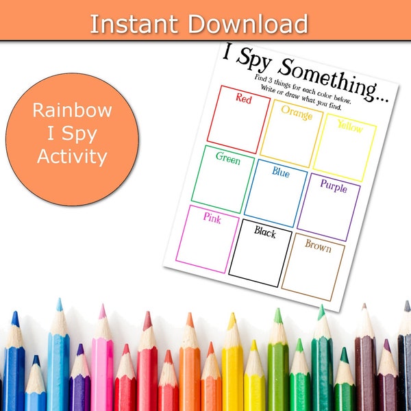 Rainbow I Spy Game, un gioco arcobaleno stampabile perfetto per viaggi su strada, aule o giochi pomeridiani con bambini in età prescolare