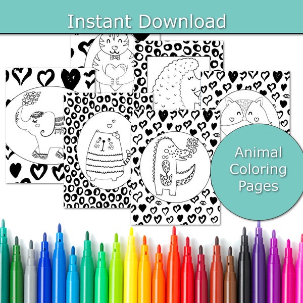 Animal Coloring Book, Heart coloring pages, Animal coloring sheets, Animal Printable, Kids Coloring pack, Kids party printables