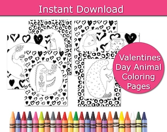 Valentines Day Coloring Book, Heart coloring pages, Animal coloring sheets, Animal Valentines, Kids Coloring pack, Valentines printables