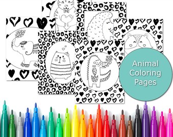 Animal Coloring Book, Heart coloring pages, Animal coloring sheets, Animal Printable, Kids Coloring pack, Kids party printables