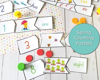 Jeu éducatif imprimable pour les enfants d'âge préscolaire, puzzle de comptage des bogues du printemps pour la salle de classe, activité imprimable du centre de comptage en classe