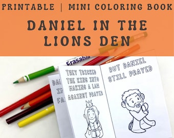 Mini livre de coloriage Daniel dans la fosse aux lions pour enfants, activité de coloriage à imprimer pour un sac bien chargé le dimanche ou une fête à l'école biblique chrétienne.